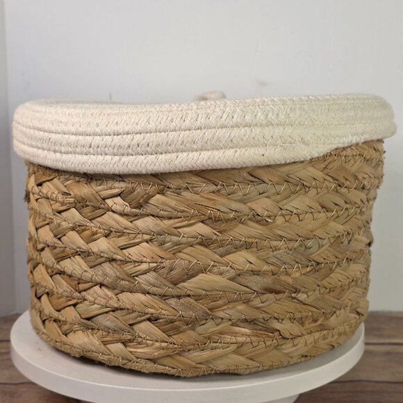 Natural Woven Basket W/ Woven Cloth Lid - Handmade Storage Container - Picture 3 of 9